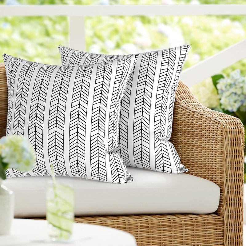 DYTXIII Pack of 2 Outdoor Waterproof Pillow Covers ONLY, 18"x18" Square Decorative Double Printed Throw Pillow Cases for Patio Couch Porch Furniture, Herringbone Black White - Image 1